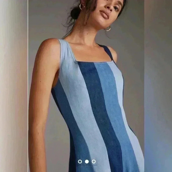 Farm Rio Anthropologie Midi Dress XS 0 2 Colorblock Denim Stripe Chambray $278 - Picture 3 of 10